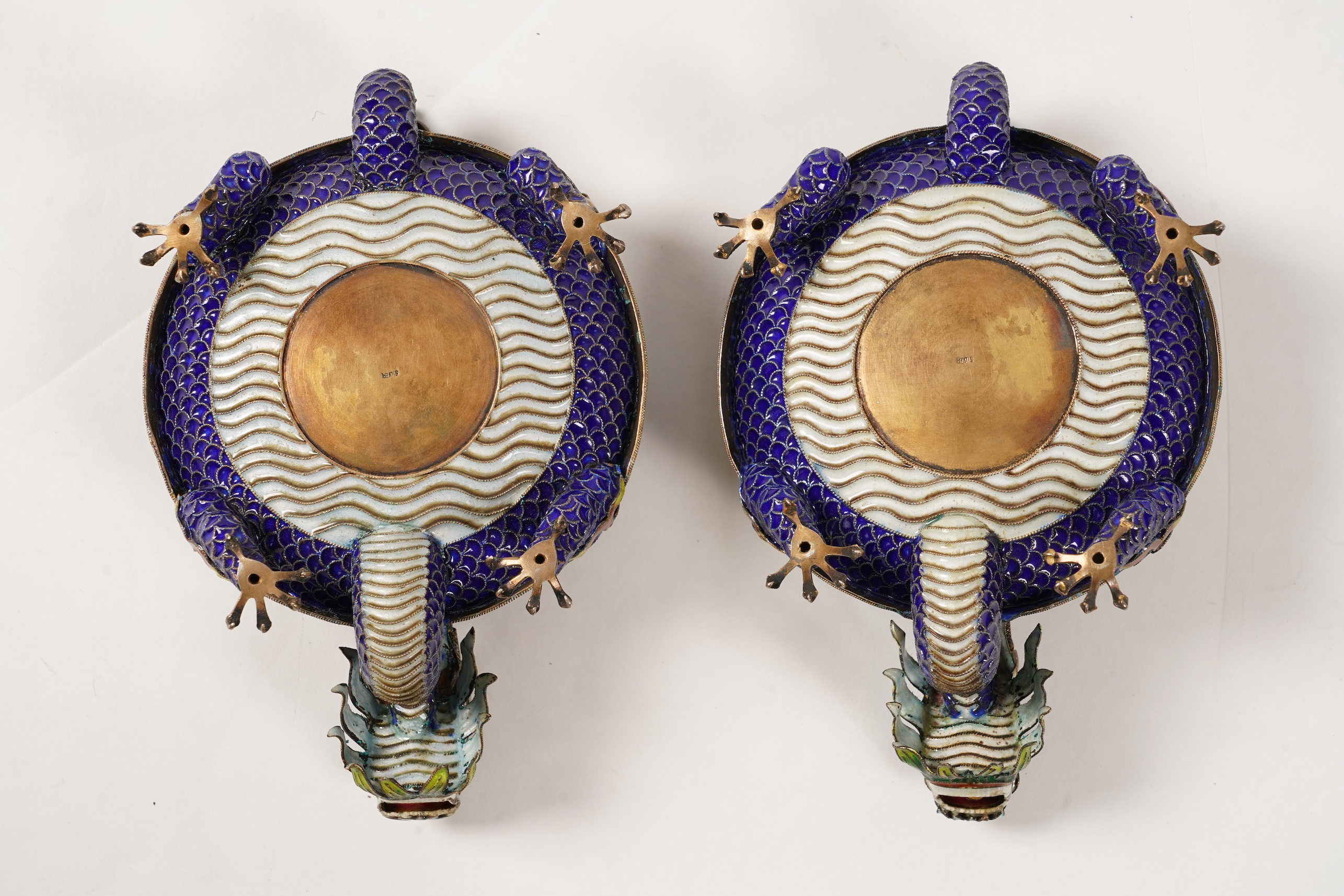 A pair of Chinese silver-gilt and enamel ’dragon’ bowls, 20th century